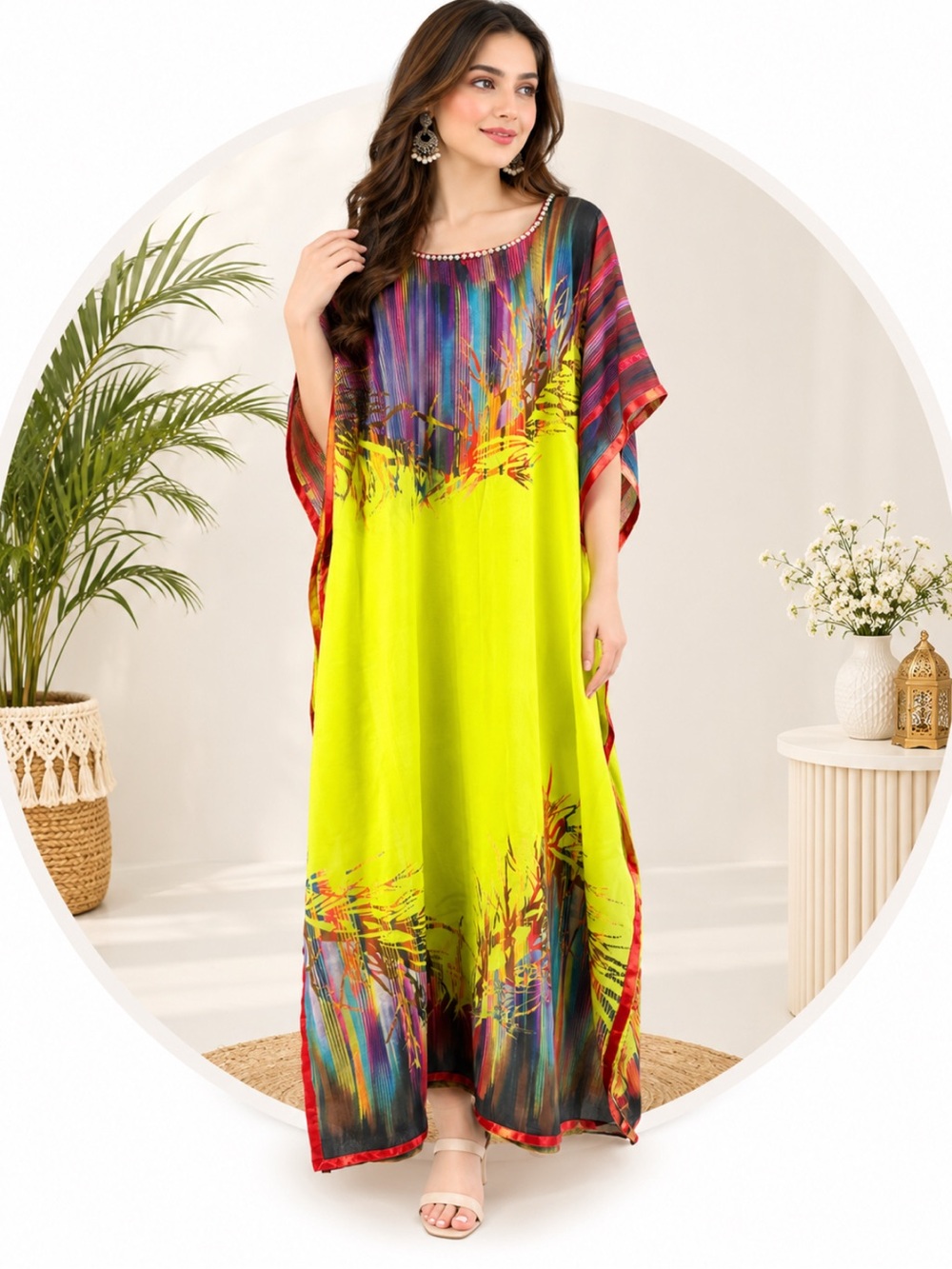 NAKSH Vibrant Multi-Color & Neon Green Kaftan Maxi Dress